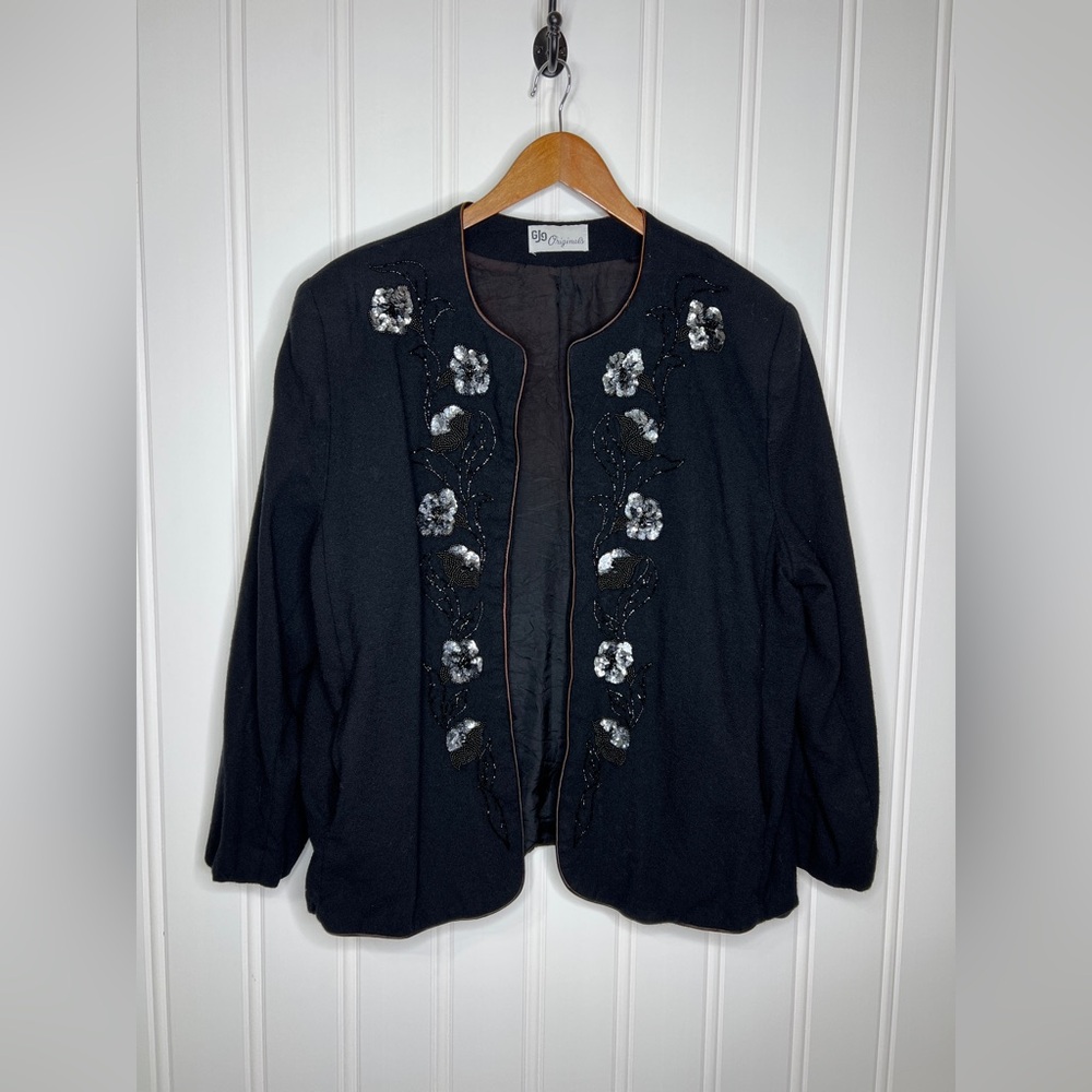 J Originals Women's Vintage Wool Floral Beaded Sequin Open Front Jacket Size 20